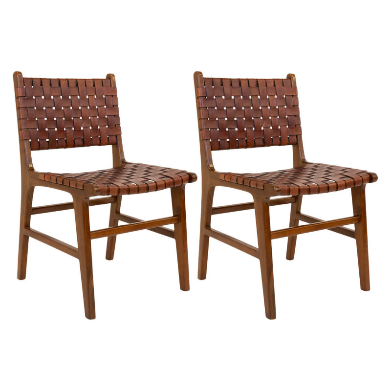 RIMINI - Lot de 2 Chaises en Teck et Lanières Cuir Marron