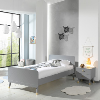 TINY GREY - Pack Lit 90x200cm + Chevet 2 Tiroirs Gris