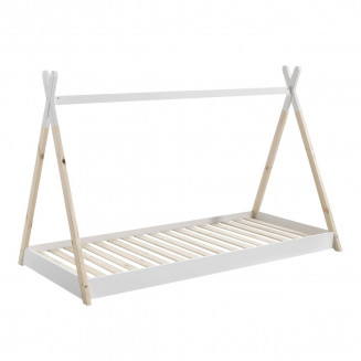 FLITT - Lit au Sol 90x200cm Blanc et Pin Forme Tipi