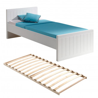 CLEO - Lit 90x200cm Effet Lambris Blanc Laqué avec Sommier
