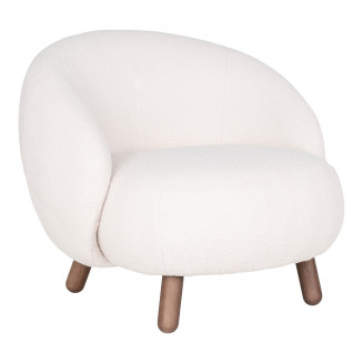 MOOT - Fauteuil Bas Imitation Laine Blanche et Pieds Bois