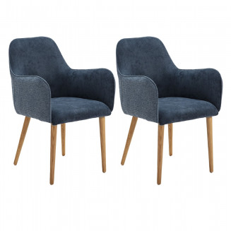 HORIK - Lot de 2 Fauteuils Velours Côtelé Bleu Dos Chiné Pieds Bois