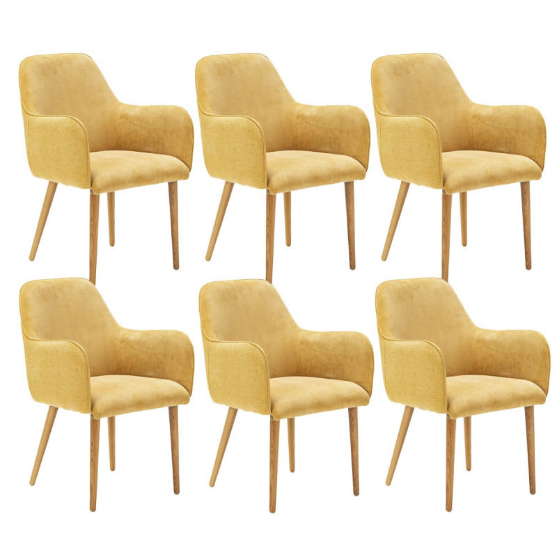 HORIK - Lot de 6 Fauteuils Velours Côtelé Jaune Dos Tissu Chiné Pieds Bois