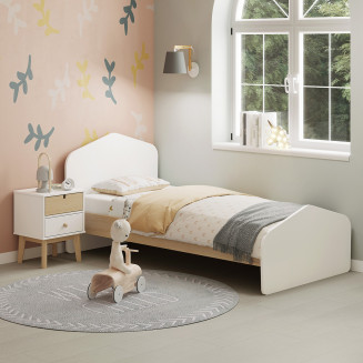 KAINA - Pack Lit 90x190cm + Chevet 2 Tiroirs Coloris Blanc et Naturel