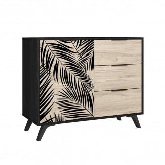 PARELLA - Meuble 1 Porte 3 Tiroirs Effet Chêne Motif Feuilles de Palmier Noir