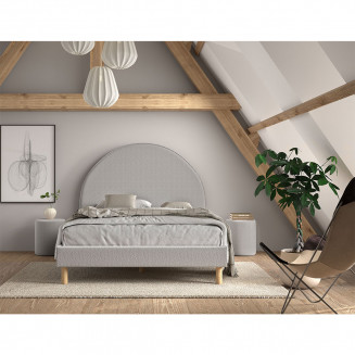 CONNIE - Pack Lit 140x200cm Tête Demi-Lune + 2 Poufs Tissu Bouclé Gris