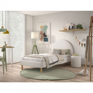 CONNIE - Pack Lit 90x200cm Tête Demi-Lune + Pouf Tissu Bouclé Blanc