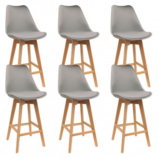 Parsa - Lot de 6 Chaises Hautes Grises et Pieds Bois