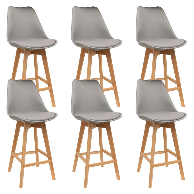 Parsa - Lot de 6 Chaises Hautes Grises et Pieds Bois Parsa - Lot de 6 Chaises Hautes Grises et Pieds Bois