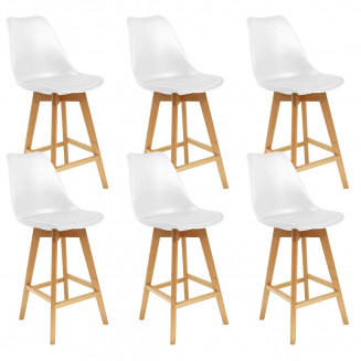 Parsa - Lot de 6 Chaises Hautes Blanches et Pieds Bois