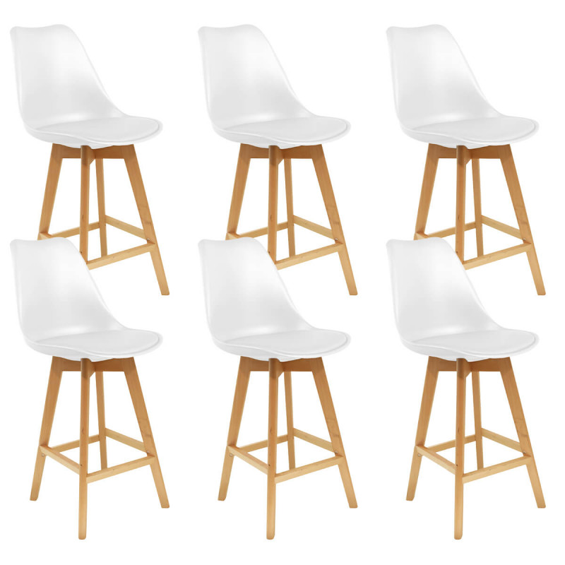 Parsa - Lot de 6 Chaises Hautes Blanches et Pieds Bois