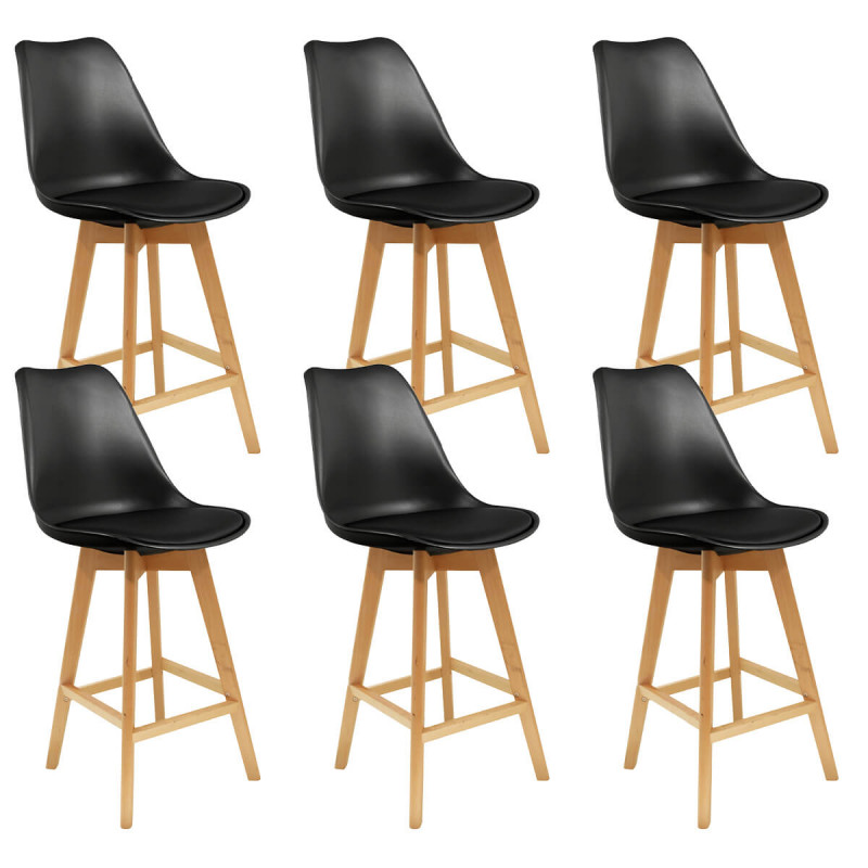 Parsa - Lot de 6 Chaises Hautes Noires et Pieds Bois Parsa - Lot de 6 Chaises Hautes Noires et Pieds Bois