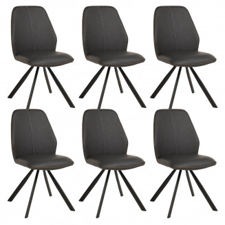 PONA - Lot de 6 Chaises Simili Cuir Gris Tissu Marron