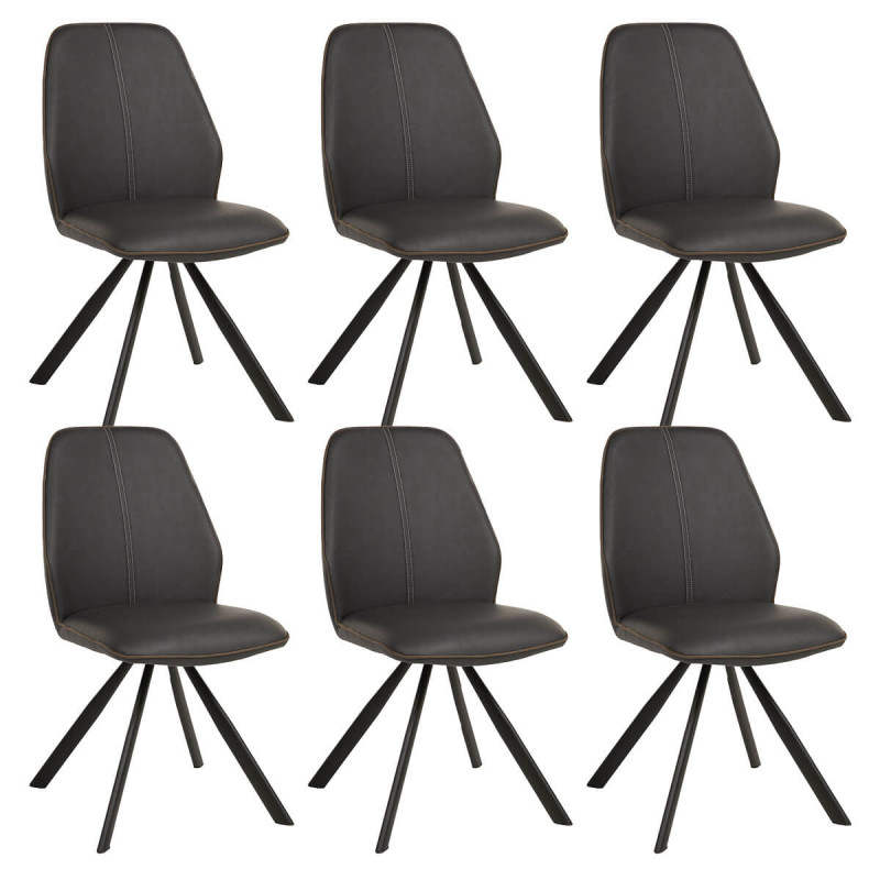 PONA - Lot de 6 Chaises Simili Cuir Gris Tissu Marron